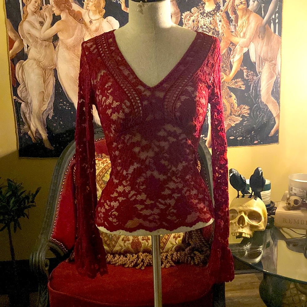 Red lace stretch sheer mesh whimsigoth top sexy vampy